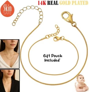 Hypoallergenic 18K Gold Plated 1MM Box Chain Necklace - Dainty Color Resistant - Picture 1 of 5