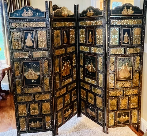 Atq 20th Century India 4-Panel Hand Painted-Carved Teak Wood Screen/Room Divider Cover