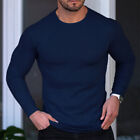Mens Ribbed Long Sleeve Muscle Tops Plain Casual Work Slim Fit Pullover Shirts