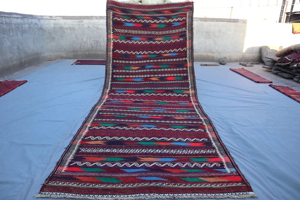 4x10 Vintage Afghan Wide Runner Rug – Tribal Striped Nomadic Design – Handwoven. - Image 1 of 4
