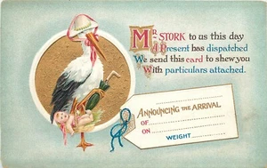 Bamforth Embossed Birth Announcement Postcard E.12 Stork, Baby & Umbrella - Picture 1 of 2