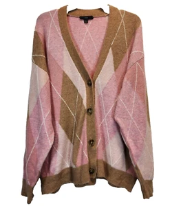 J Crew Womens Oversize Cardigan Sweater Size L Argyle Supersoft Wool Alpaca Pink - Picture 1 of 7