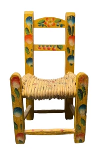 Charming Vtg Folk Art Decor Hand Painted Wood Doll Chair Rush Seat Mexico Boho - Picture 1 of 8