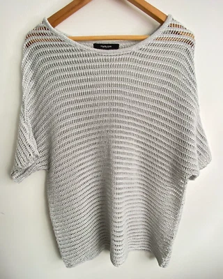 Harlow Top Women Large Silver Net Short Sleeve Round Neck Knit Beach Flowy Comfy - Image 1 of 4