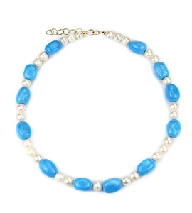 23"-25" verstellbare blau türkis Nugget & Süßwasser Perlen Halskette NKL340017 - Bild 1 von 1