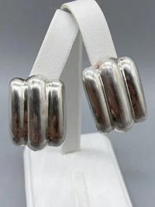 Vintage 925 Sterling Silver Pierced Big Glossy Wavy Earrings - Picture 1 of 9