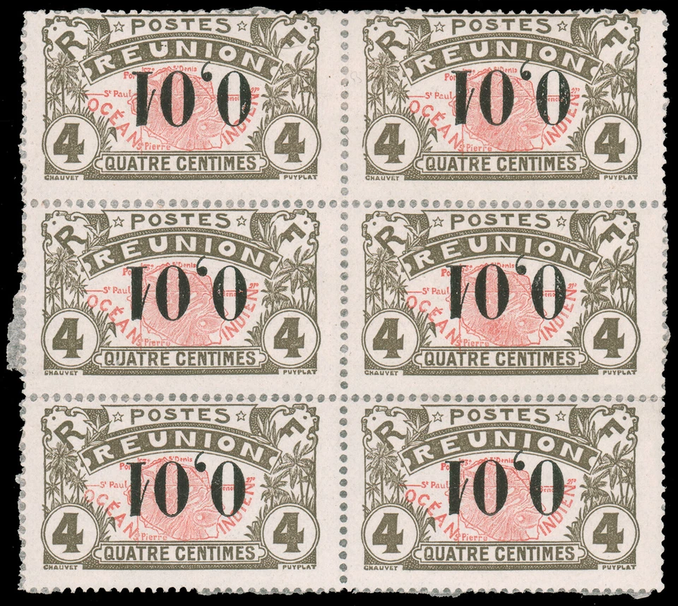 Reunion #107a Mint Block 1917 INVERTED SURCHARGE with interleaf paper - Image 1 of 1