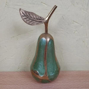 Vintage 5" Brass Pear Figurine Brass W/ Green Enamel Mid Century Figurine - Picture 1 of 7
