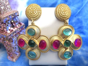 Maltese Cross Style Cabochon Earrings Matte Gold Multi-Color Statement Earrings - Picture 1 of 6