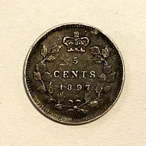 1897 Canada 5 Cents Half Dime Silver Coin - Queen Victoria - Foto 1 di 4