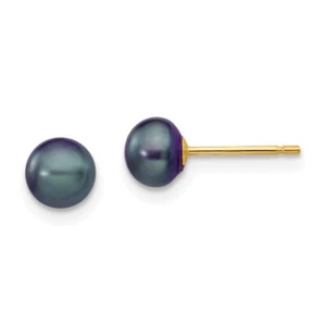 5-6mm 14k Gold 5-6mm Black Button Freshwater Cultured Pearl Stud Post Earrings - Picture 1 of 4