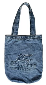 Vintage Mustang Motocycle Blue Denim Jean Embossed Tote Bag Made In USA 17.5x13 - Picture 1 of 10
