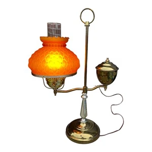 Vintage Oil Electric Brass Student Table Lamp Quilt Glass Amber Shade WORKS - Picture 1 of 23
