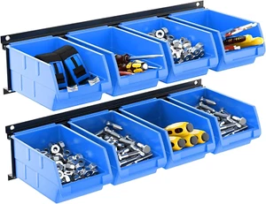 Wall-Mounted Storage Bins - 8 Plastic Bins & 2 Metal Tracks for Tools Organizati - Picture 1 of 12