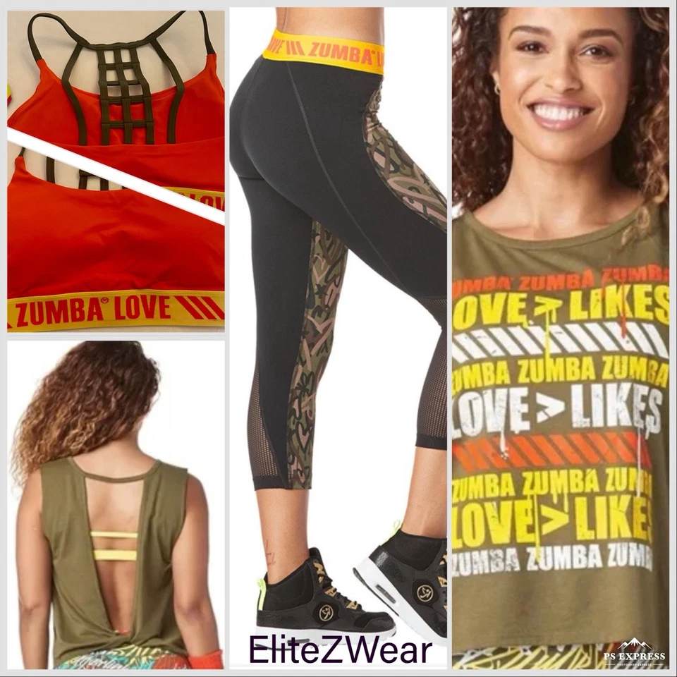 ZUMBA ¡JUEGO DE 3 piezas! Leggings Capri + Camiseta Espalda Abierta + Sujetador Deportivo Top EliteZWear Foto 1 de 4