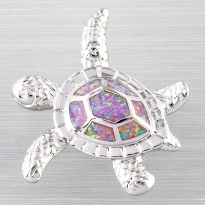 Hawksbill Sea Turtle Lavender Purple Fire Opal Silver Jewelry Necklace Pendant - Image 1 of 4