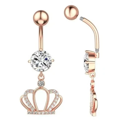 Belly Bars Button Piercing Bar Dangle Navel Body Jewellery Gem Ring Rose Gold - Image 1 of 4