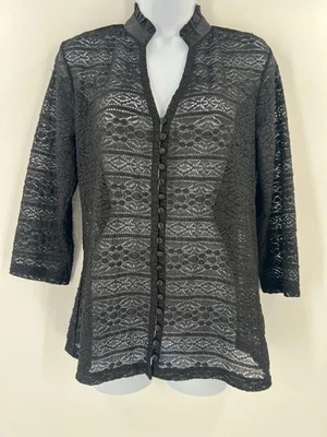 Blusa Alfani M Negra Sofisticada de Encaje Transparente Cuello con Volantes Mangas 3/4 Foto 1 de 4