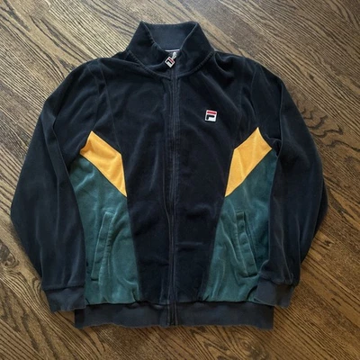Chaqueta deportiva FILA para hombre negra verde amarilla de terciopelo cremallera completa manga larga talla mediana Foto 1 de 4