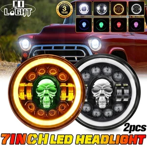 2pcs 7" Round LED Headlights RGB Skull DRL Turn Signal Fit Chevy Truck 1947-1957 - Foto 1 di 22