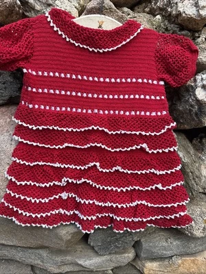 Vintage 1950s Handmade Crochet Girl’s Dress Red & White Ribbon Trim Ruffles - Image 1 of 4
