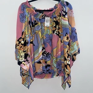 Ashley Stewart Floral Ruched Bottom Top Size 22/24 NWT Bell Sleeves Off Shoulder - Picture 1 of 6