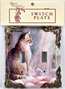 Viktorianische Katze Doppelschalterplatte, Stahl, dekorative Bronze Metall Ecken, Schrauben, 5" - Bild 1 von 1