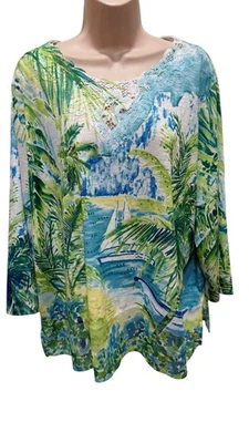 Женский кружевной топ Alfred Dunner с цветочным узором 1X Plus со стразами пляжный - Изображение 1 из 4