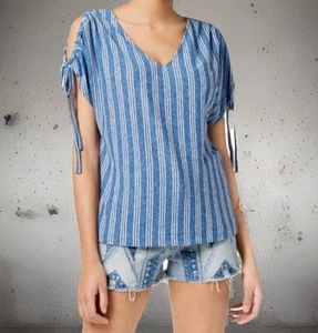 LUCKY BRAND Blouse Womens Medium Blue White Stripe Linen Cinch Short Cap Sleeves - Picture 1 of 9