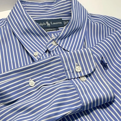 Camisa Ralph Lauren Botón Para Hombre 16.5 34/35 (Talla L) Azul Blanco Rayas Ajuste Personalizado Foto 1 de 4