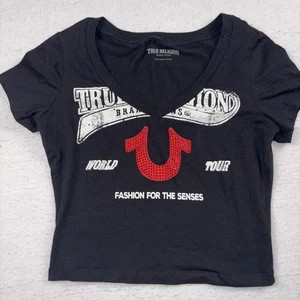 True Religion Damen Crystal Hufeisen V-Ausschnitt T-Shirt Crop Schwarz - Bild 1 von 8