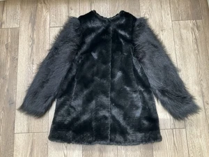 Biba Black Faux Fluffy Fur Coat Women’s Size Uk 10 Hook & Loop Fastening Pockets - Picture 1 of 11