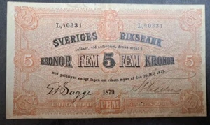 1879 Sweden 5 Kronor P8 L,40331 Scarce Early Date. - Picture 1 of 4