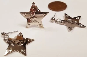 6 PIECES (3 PAIR) VINTAGE SILVER STAR MOON & STARS DANGLE PIERCED EARRINGS N29 - Picture 1 of 3