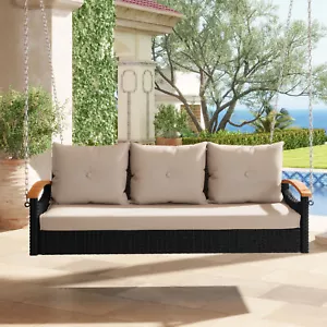 Oaurkea 3-Seats Porch Swing Lounge Hanging Wicker Rattan Patio Chair wi/Cushion - Picture 1 of 7
