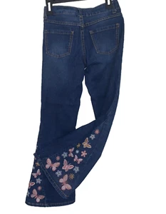 Bell Bottom Girls Flared Leg Denim Jeans Sz 8 22”x23” Low Rise Blue, Butterflies - Picture 1 of 17