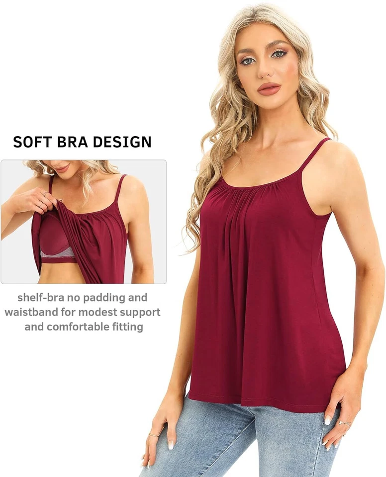 Women Summer Camisole with Built in Bra Flowy Shelf Bra Tank Tops Padded Cami US - Image 1 of 4