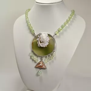 Collar de Plata 925 Con Prehnita Camafeos Cara Y Disco Ágata Verde Agln 0192 - Imagen 1 de 3