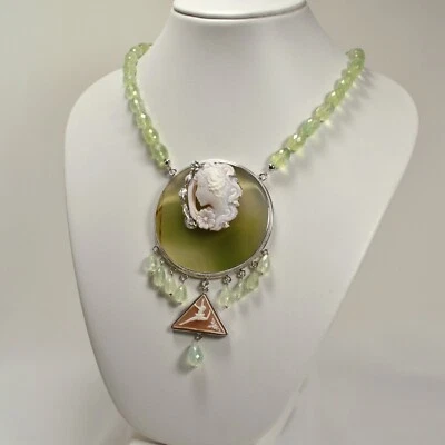 COLLANA IN ARGENTO 925 CON PRENITE CAMMEI VOLTO E DISCO AGATA VERDE AGLN 0192 - Immagine 1 di 3