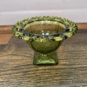 Vintage Green Depression Glass Compote Candy Dish Bowl Lace Edge Embossed Basket - Picture 1 of 8