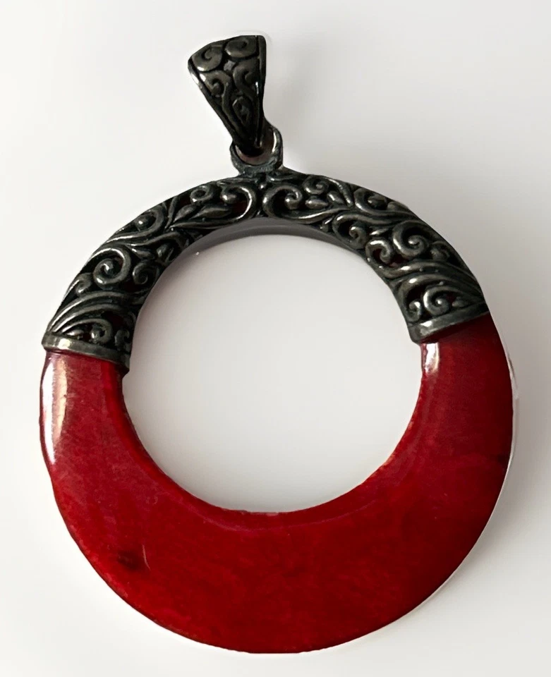 Colgante Disco Coral Rojo Plata Esterlina Hecho a Mano Estilo Bali Tailandés Rollo Foto 1 de 4