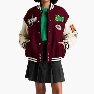 NWT NEW MAJE Varsity Wool Blend Patch Belove Bomber Jacket Merlot size 0/XS $685 - Picture 1 of 16