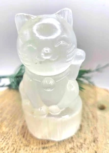 Premium Grade Nature Selenite Hand Carved 3.5" Fortune Cat Figure - Picture 1 of 8