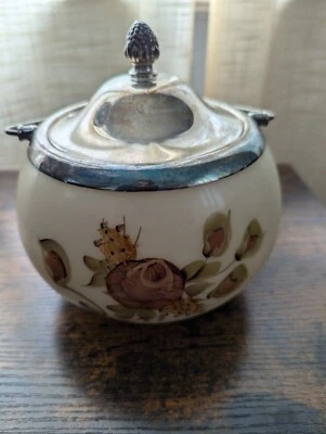 Antique WMA Rogers Silver Plate & Milk Glass Signed Enamel Floral Tea Caddy Jar - Image 1 of 4