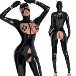 Damen Wetlook Latex Einteiler Catsuit Overall vorne offen ausgehöhlt Body - Bild 1 von 6