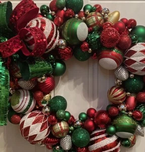 Flamboyant And Bright With Red, Green, Silver, And White Ornament Wreath - Picture 1 of 8