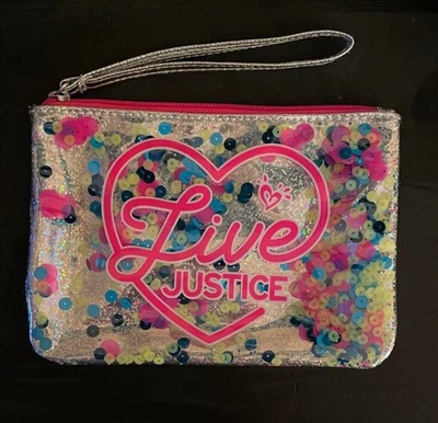 Justice Silver Glitter Wristlet with Pink Heart - 7.5x5.25 Inches - Image 1 of 3