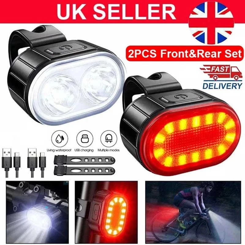 2x Mountain Bike Lights USB Rechargeable Bicycle LED Torch Front Rear + Lamp Set - Image 1 of 4