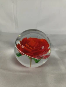 Red Rose Glass Decorative Paperweight Solid Round - Picture 1 of 5
