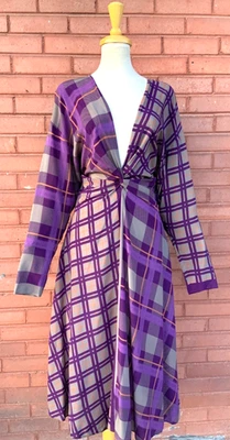 复古 ALBERTA FERRETTI 对比印花垂褶连衣裙丝绸 IT 44 US 8 — 第 1/4 张图片